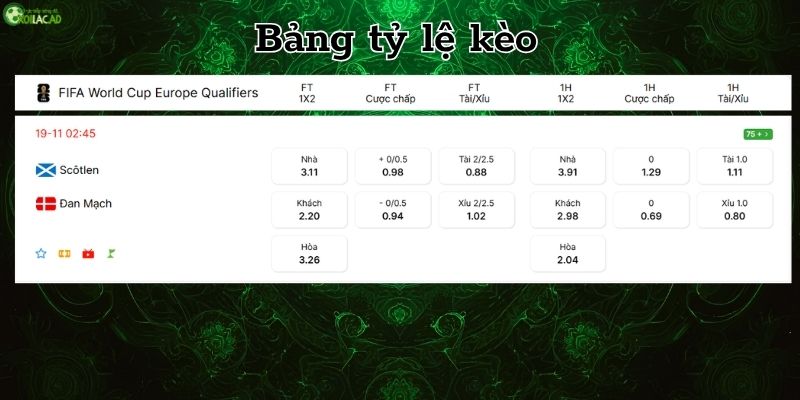 Bảng tỷ lệ kèo Scotland vs Đan Mạch